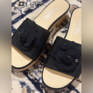 CHANEL Grosgrain Camellia Platform Mules wooden Sandals